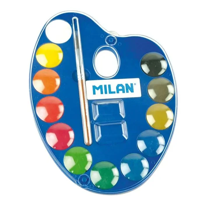 Milan 053412 Paleta de 12 Acuarelas Ø25 mm + Pincel Serie 101 – Mezclable – Colores Surtidos (6 uds)