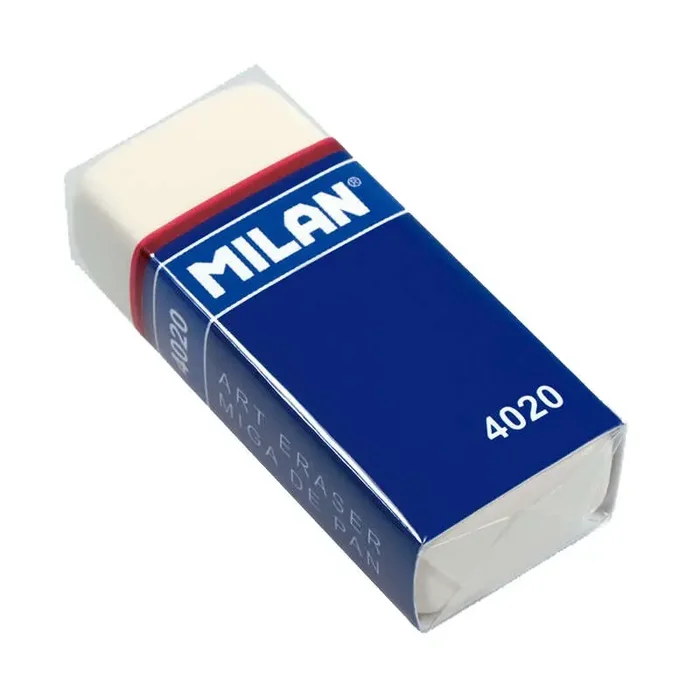 Milan 4020 Goma de Borrar Rectangular – Miga de Pan – Suave Caucho Sintetico – Faja de Carton Azul – Envuelta Individualmente – Color Blanco (10 uds)