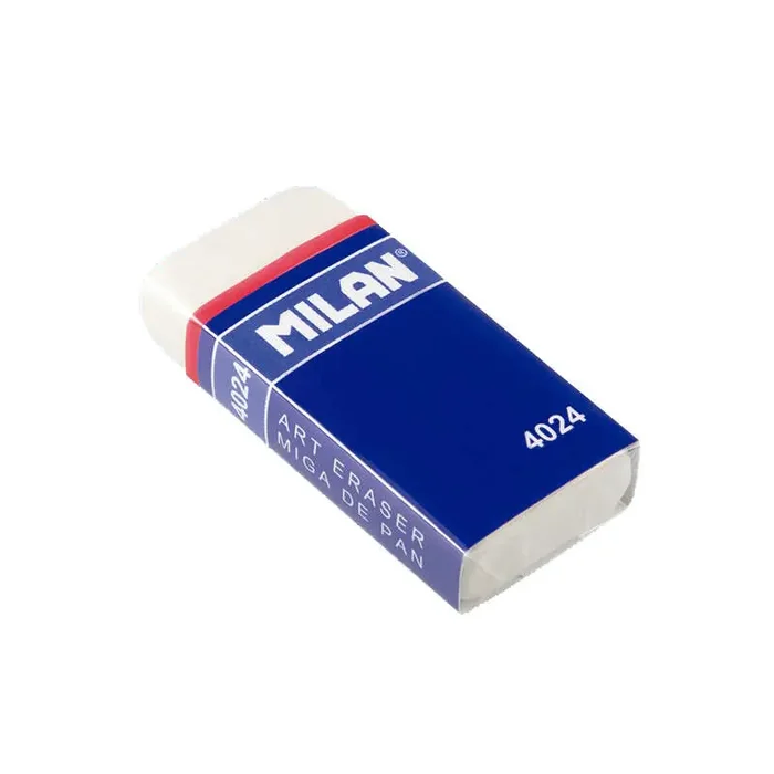 Milan 4024 Goma de Borrar Rectangular – Miga de Pan Flexible – Caucho Sintetico – Faja de Carton Azul – Envuelta Individualmente – Color Blanco (10 uds)