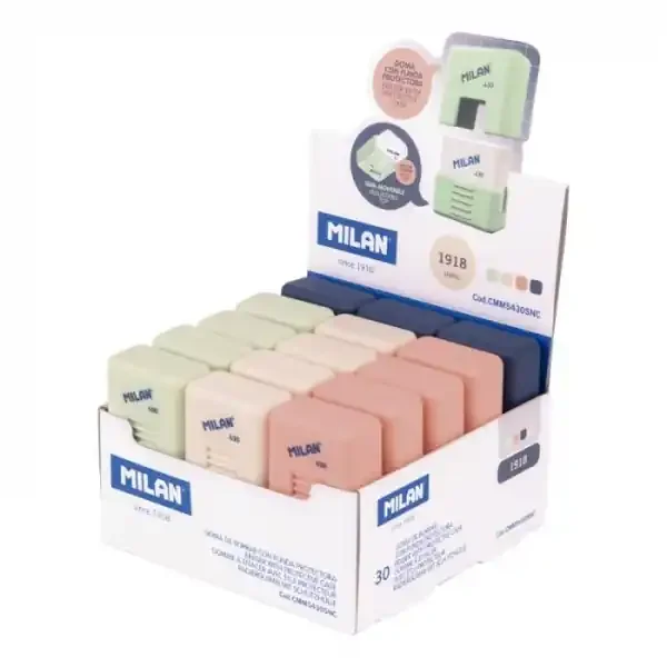 Milan 430 Serie 1918 Goma de Borrar Blanca con Funda School – Miga de Pan – Colores de las Fundas Blanco, Azul Oscuro, Verde y Rosa (30 uds)