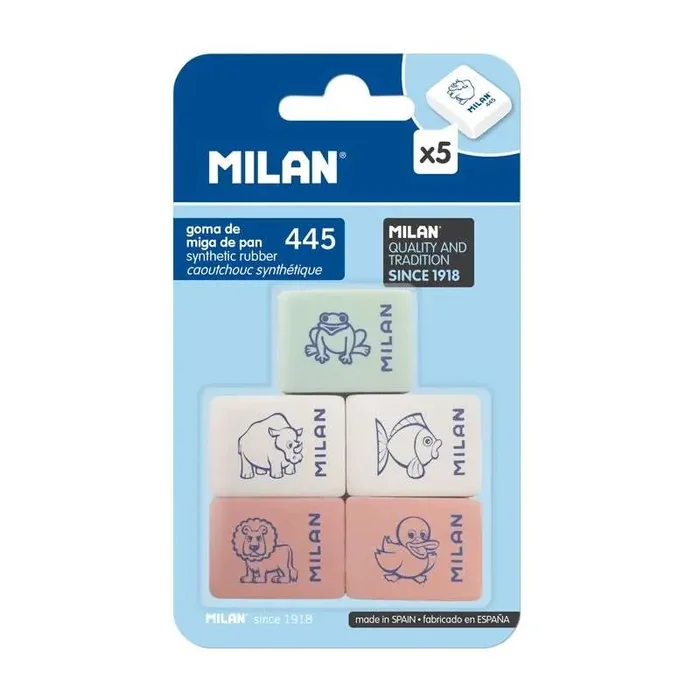 Milan 445 Pack de 5 Gomas de Borrar Rectangulares – Miga de Pan – Suave Caucho Sintetico – Dibujos Infantiles – Colores Surtidos