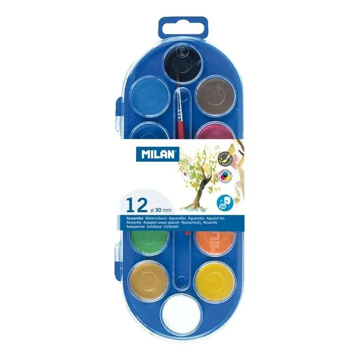 Milan 80011 Estuche de 12 Acuarelas Ø30 mm + Pincel Serie 101 – Mezclable – Colores Surtidos (6 uds)
