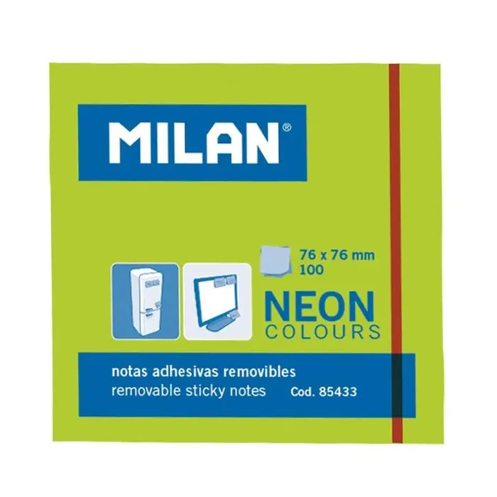 Milan Bloc de 100 Notas Adhesivas – Removibles – 76mm x 76mm – Color Verde Neon