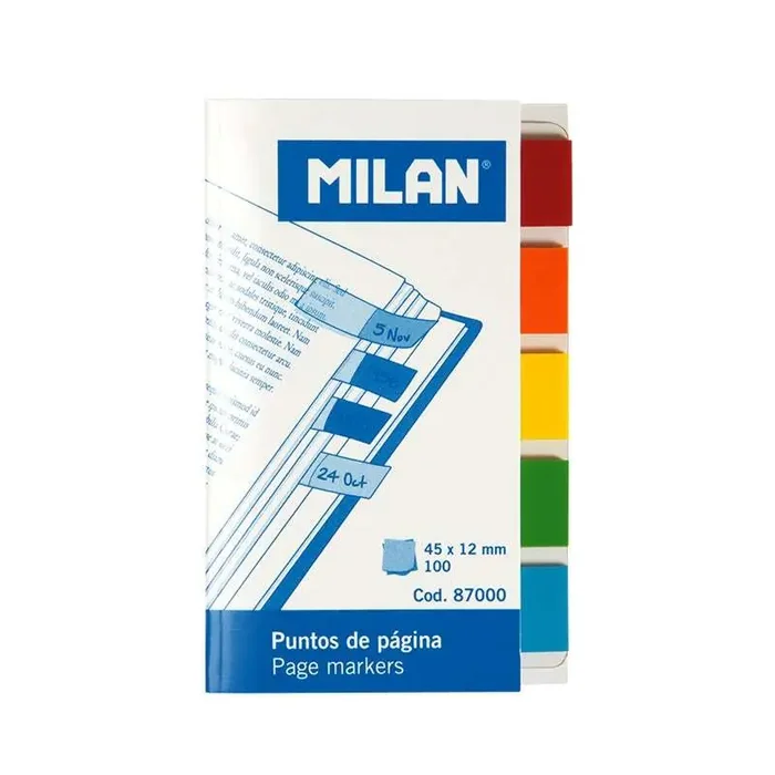 Milan Bloc de 100 Puntos de Pagina de Colores – Parte Transparente Adhesiva – Plastico – Removibles – Medidas 45mm x 12mm – Colores Surtidos