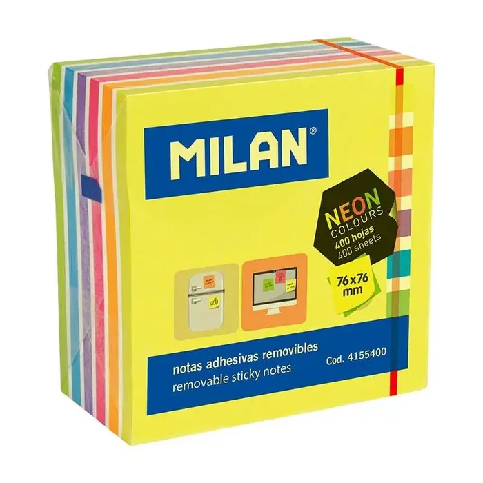 Milan Bloc de 400 Notas Adhesivas Neon – Removibles – 76mm x 76mm – Colores Surtidos
