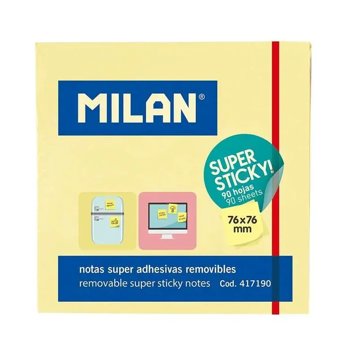 Milan Bloc de 90 Notas Super Adhesivas – Removibles – Mayor Permanencia – 76mm x 76mm – Color Amarillo Claro
