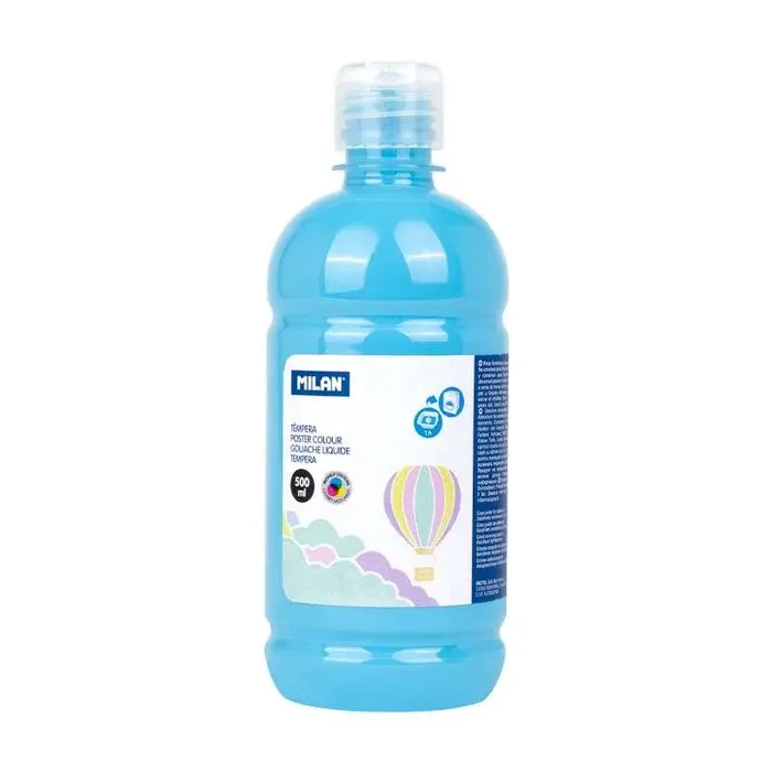 Milan Botella de Tempera 500ml – Tapon Dosificador – Secado Rapido – Mezclable – Color Azul Claro Pastel (6 uds)