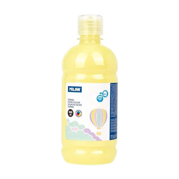 Milan Botella de Tempera 500ml – Tapon Dosificador – Secado Rapido – Mezclable – Color Amarillo Pastel (6 uds)