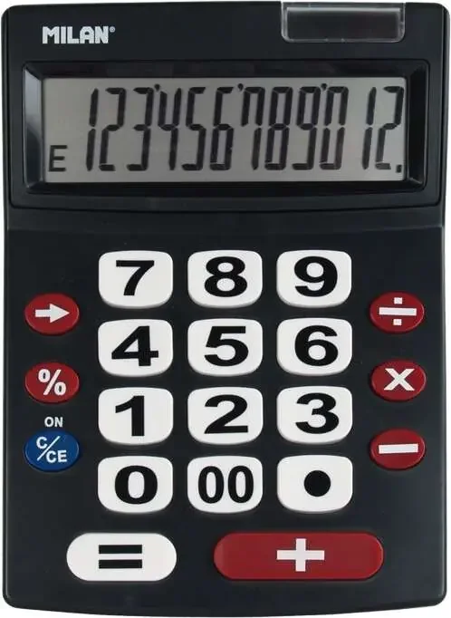 Milan Calculadora 12 Digitos Extra Grande – Teclas Grandes – Tecla Rectificacion Entrada de Datos – Apagado Automatico – Color Negro
