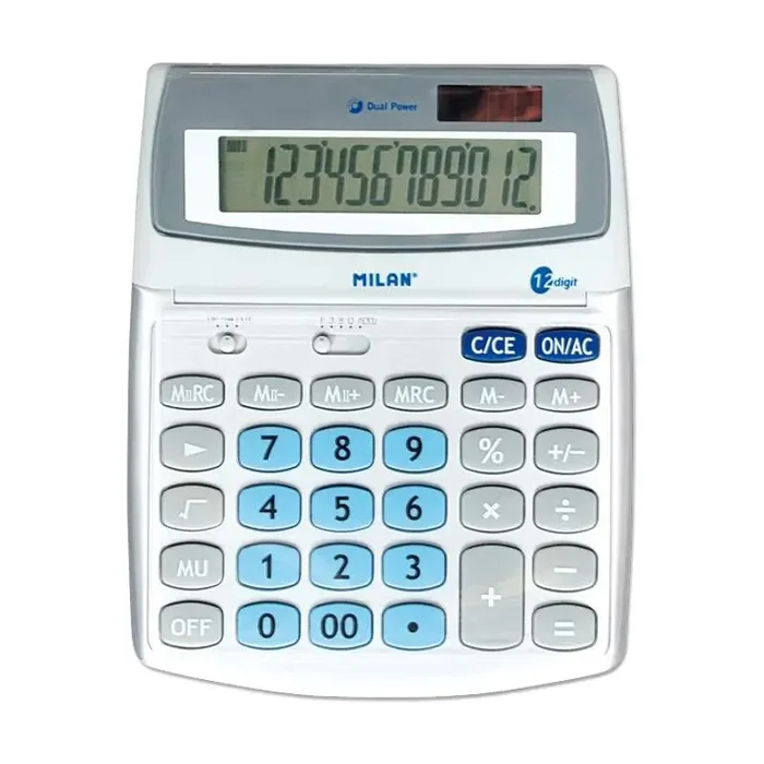 Milan Calculadora de 12 Digitos Grande – Pantalla Inclinable – 3 Teclas de Memoria – Calculo de Margenes – Memoria Doble – Color Blanco
