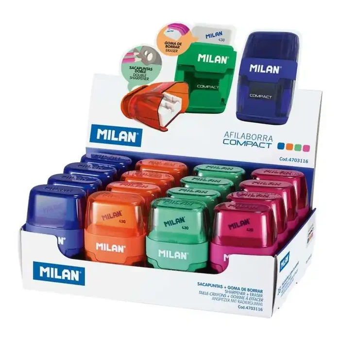 Milan Compact Expositor de 16 Afilaborras – Uso Estandar y Maxi – Cuchilla de Acero – Goma de Borrar – Cuchilla de Seguridad – Colores Surtidos