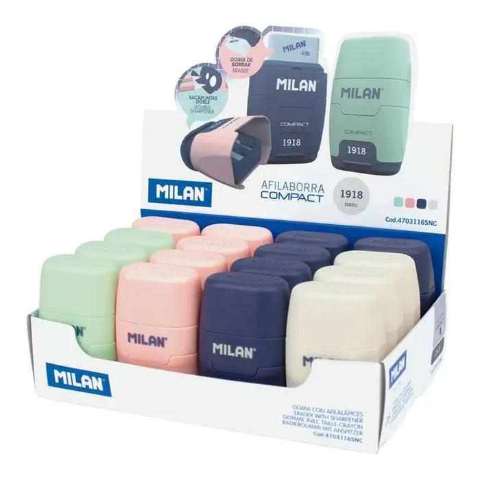 Milan Compact Serie 1918 Expositor de 16 Afilaborras Compact con Goma de Borrar – Sacapuntas Doble – Cuchilla de Seguridad – Colores Beige, Azul, Rosa y Verde