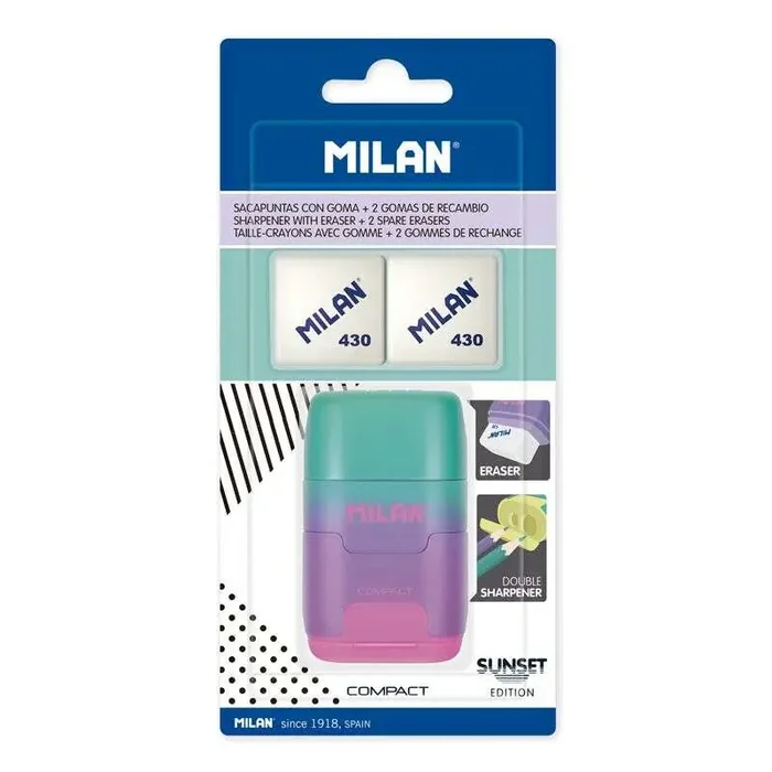 Milan Compact Sunset Afilaborra Compact con 2 Gomas de Borrar – Sacapuntas Doble – Cuchilla de Seguridad – Color Turquesa/Violeta/Rosa