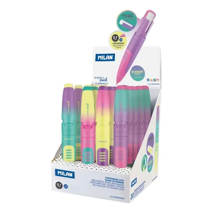 Milan Compact Sunset Expositor de 20 Portaminas – Mina 0.7mm 2B Grafito – Goma Milan Extra Grande – Colores Surtidos