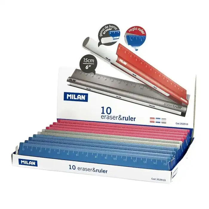 Milan Eraser & Ruler Expositor de 10 Reglas + Goma en el Interior de la Regla – Longitud 15cm – Metal Touch – Colores Surtidos