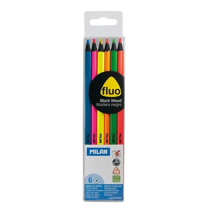Milan Fluo Pack de 6 Lapices Triangulares de Colores – Mina 2.9mm – Ergonomicos – Resistente a la Rotura – Madera de Tilo – Colores Surtidos