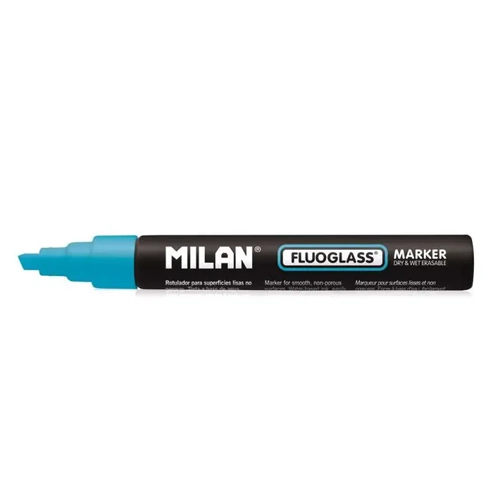 Milan Fluoglass Rotulador Superficies Lisas – Punta Biselada – Trazo de 2 – 4mm – Tinta al Agua – Borrado Facil – Color Azul (12 uds)