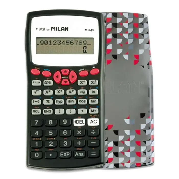 Milan M240 Calculadora Cientifica 10+2 Digitos – Pantalla de 2 Lineas – 240 Funciones Integradas Incluyendo 124 Cientificas – Carcasa Protectora Estampada – Color Negro