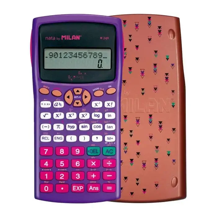 Milan M240 Calculadora Cientifica Copper 10+2 Digitos – Pantalla de 2 Lineas – 240 Funciones Integradas Incluyendo 124 Cientificas – Carcasa Protectora Estampada – Color Violeta
