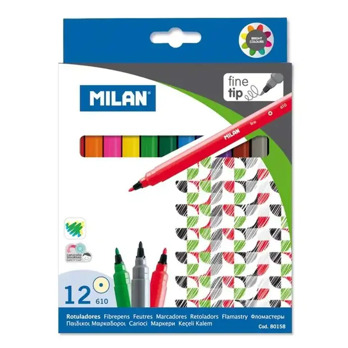 Milan Pack de 12 Rotuladores – Punta Fina de 2mm – Tinta al Agua – Lavable – Colores Surtidos