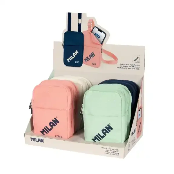 Milan Serie 1918 430 Expositor con 12 Bolsos Pequeños Bandolera – Tamaño Bolso 19×2.3×12.8cm – Cierre de Cremallera – Mosqueton de Aluminio – Colores Surtidos