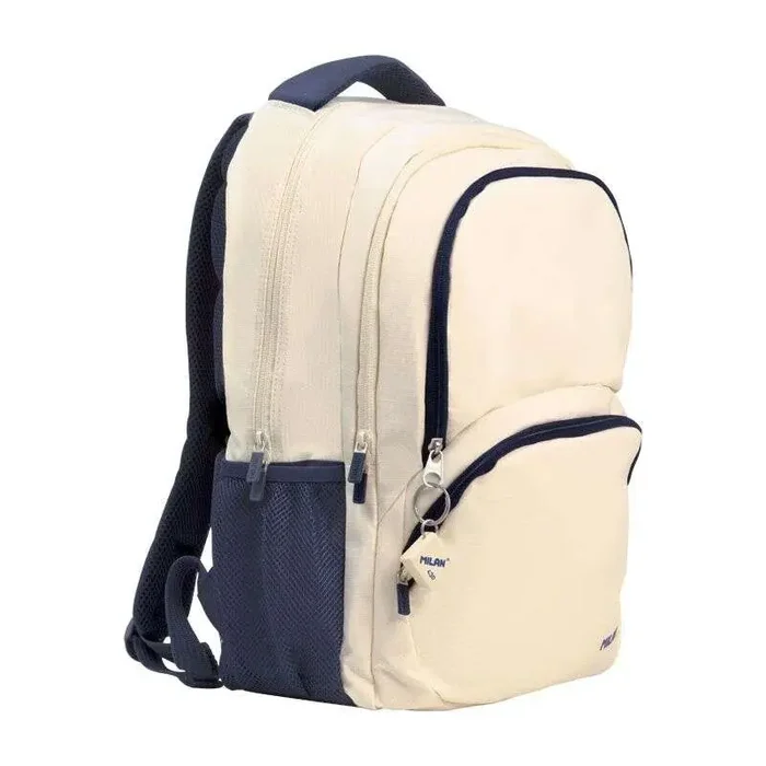 Milan Serie 1918 Mochila Escolar 25L – 3 Bolsillos Delanteros + 2 Bolsillos Laterales – Asas Regulables y Acolchadas – Tamaño 46,5x30x17cm – Color Beige/Azul Oscuro
