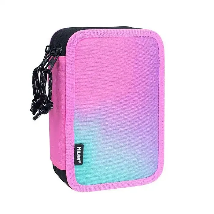 Milan Sunset Plumier de 3 Pisos con Goma de Borrar, Sacapuntas, Lapiz, 3 Boligrafos Capsule, Regla, 12 Lapices de Colores, 6 Lapices de Colores Metalizados, 5 Fluorescentes, Tijeras y 18 Rotuladores – Color Rosa