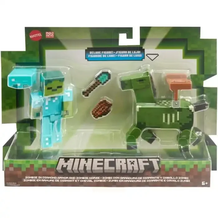 Minecraft Zombiecon armadura de diamante y caballo Zombi Pack 2 Figuras de acción con Accesorios, Juguete +6 años Mattel HLB32