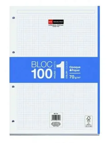 Miquel Rius Bloc1 Bloc Encolado Formato A4 – 100 Hojas de 70gr con 4 Taladros – Banda de las Hojas Azul – Base de Carton – Cuadricula 5×5