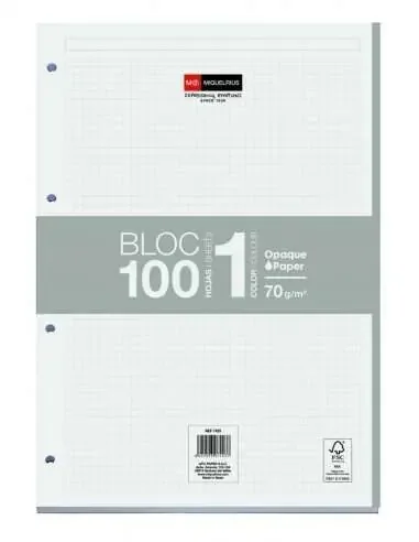 Miquel Rius Bloc1 Bloc Encolado Formato A4 – 100 Hojas de 70gr con 4 Taladros – Banda de las Hojas Gris – Base de Carton – Cuadricula 5×5