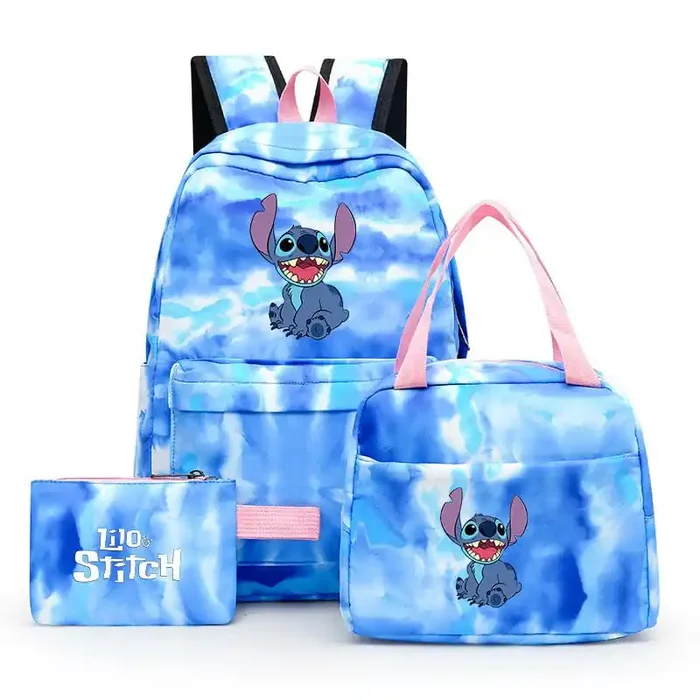 Mochila Escolar de Puntos de Colores con Fiambrera y Estuche para Lápices