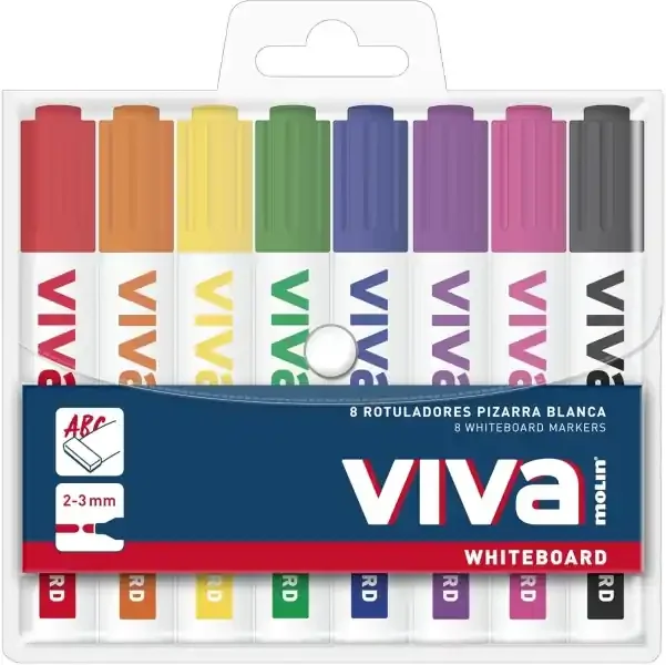 Molin Viva Pack de 8 Rotuladores para Pizarra Blanca – Punta Redonda de Fibra Sintetica – Trazo 3mm – Tinta con Base de Alcohol – Colores Surtidos