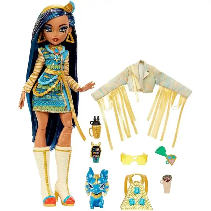 Monster High Cleo de Nile Muñeca articulada con mascota y accesorios de moda, juguete +4 años Mattel HHK54