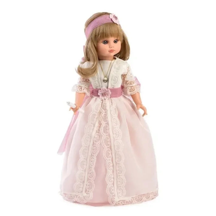 Muñeca recuerdo Primera Comunión rubia, con vestido beig, lazada tul, habladora, se ilumina la vela Altura 40 cm Berbesa