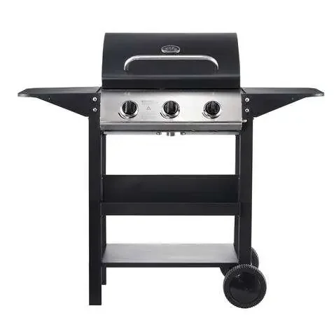 Muvip Barbacoa Gas 3 Fuegos – 1209x586x1076mm – Rejillas esmaltadas, bandejas laterales, termometro en tapa – Color Negro