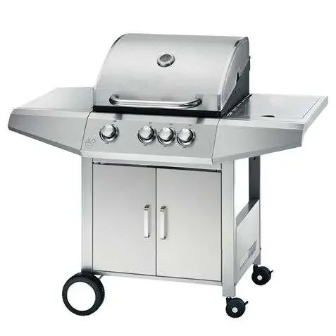 Muvip Barbacoa Gas Inox 4 Fuegos – Estructura de Acero Inoxidable – 3 Fuegos Centrales + 1 Fuego Lateral – 2 Rejillas Esmaltadas – Bandeja Lateral – Asa Tacto Frio – Ruedas de Transporte – Color Plateado