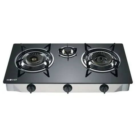 Muvip Cocina de Gas Inox 3 Fuegos – Cristal Templado – Encendido Piezoelectrico – Quemador de Hierro Fundido Desmontable
