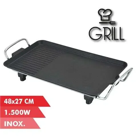 Muvip Plancha de Asar Electrica 1500W – 2 Zonas Lisa y Grill – Placa Antiadherente – Asas Tacto Frio – Termostato Extraible – Superficie 48x27cm
