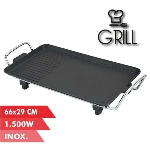 Muvip Plancha de Asar Electrica 1500W – 2 Zonas Lisa y Grill – Placa Antiadherente – Asas Tacto Frio – Termostato Extraible – Superficie 66x29cm