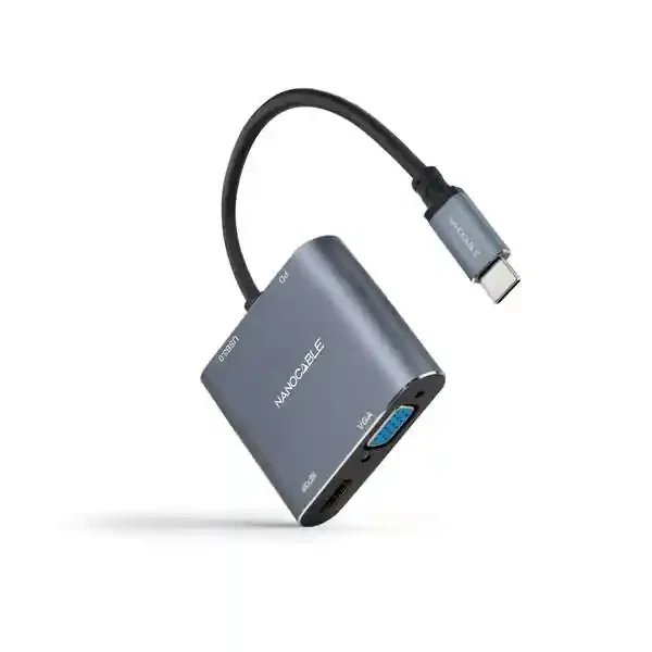 Nanocable Conversor USB-C a HDMI, VGA, USB 3.0 y USB-C PD – Longitud del Cable 15cm – Color Gris