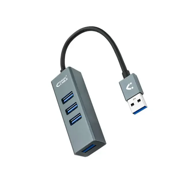 Nanocable Hub USB 3.0 4xUSB3.0. USB-A/M-USB 3.0/H – Aluminio – 10 cm – Color Gris