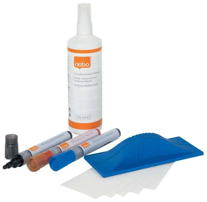 Nobo Kit de Iniciacion para Pizarra Blanca – Incluye Rotuladores, Borrador, Espray de Limpieza e Imanes – Practico y Completo – Color Blanco