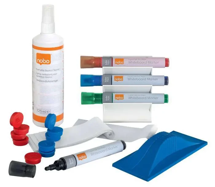 Nobo Kit de Usuario para Pizarra Blanca – Incluye Rotuladores, Borrador, Espray y Paño de Limpieza – Accesorios para Pizarras Blancas – Color Blanco
