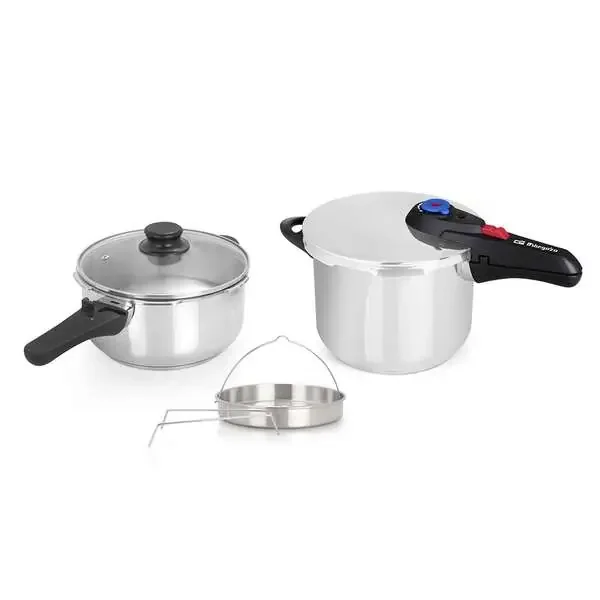 Orbegozo HP 4566 Olla Rapida de Acero Inoxidable – Dos Ollas con Sistema de Seguridad – Fondo Termo Difusor – Selector Gradual de Presion – Accesorio para Cocinar al Vapor