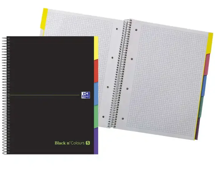 Oxford Black N‘Colours Europeanbook A4+ – Tapa Extradura Resistente – 100 Hojas con Diseño 5×5 – Pestañas Troqueladas – Ideal para Organizar y Destacar (5 uds)