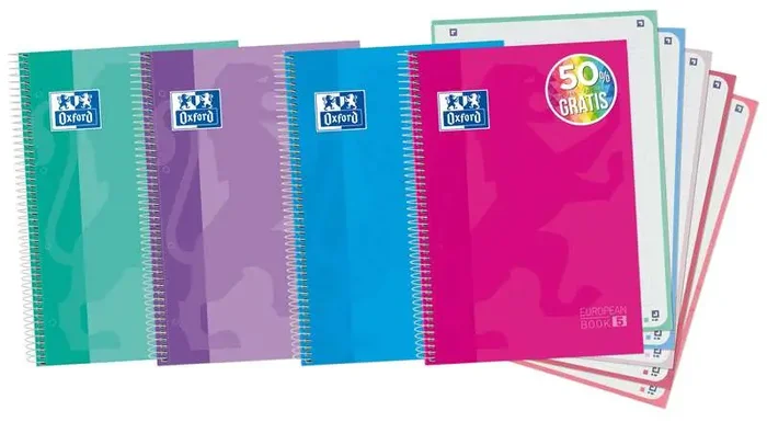 Oxford Europeanbook 5 Cuaderno Espiral Formato A4+ Cuadriculado 5x5mm – 120 Hojas – Tapa Extradura acabado Brillante – 5 Bandas de Color – Colores Surtidos Tendencia (5 uds)