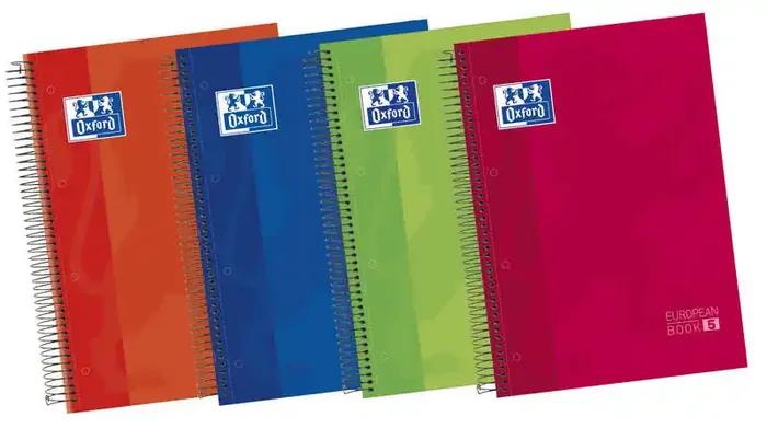Oxford Europeanbook 5 Cuaderno Espiral Formato A4+ Horizontal 1 Linea – 120 Hojas – Tapa Extradura acabado Brillante – 5 Bandas de Color – Colores Surtidos (5 uds)