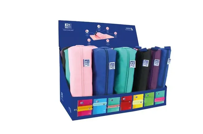 Oxford Kangoo Teens Expositor de 24 Estuches (12 rectangulares medianos, 12 redondos pequeños) – Goma Elastica para unirlo al Cuaderno – Colores Surtidos