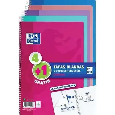 Oxford Pack 4+1 Cuadernos Espiral Formato Folio Cuadriculado 4x4mm – 80 Hojas – Tapa Blanda – Colores Tendencia Surtidos