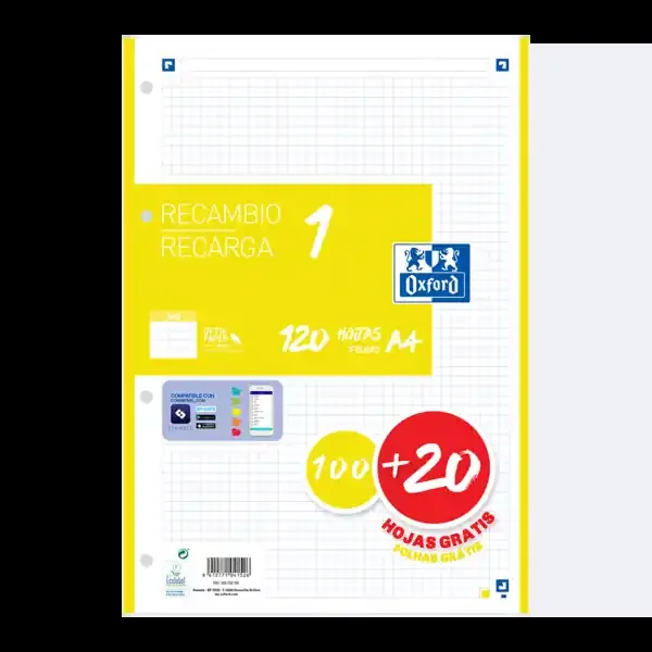Oxford School A4 Recambio – 5×5 – 100+20 Hojas – Color Amarillo